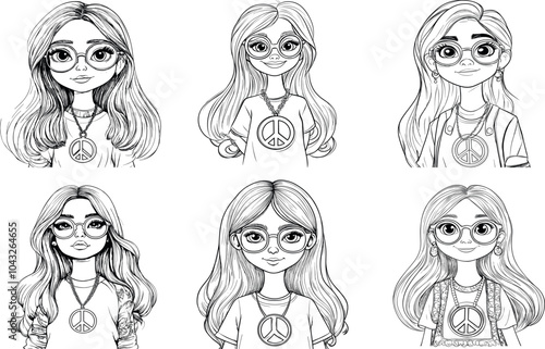 6 Cartoon Girls With Glasses, Peace Symbols, Hairstyles, and Expressions