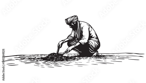 Vintage Illustration of Indian Farmer Working in Field - Black and White Woodcut Art