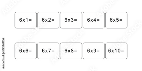 Multiplication and division table of 6. Maths card with an example, drawing. Multiplication Square, vector illustration. Printed products, banner, table for children, schoolchildren. School education