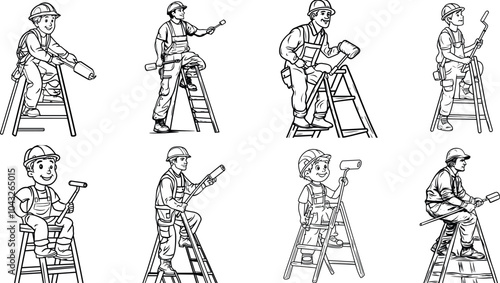 Various Illustrated Construction Workers Painting on Ladders in a Work Setting