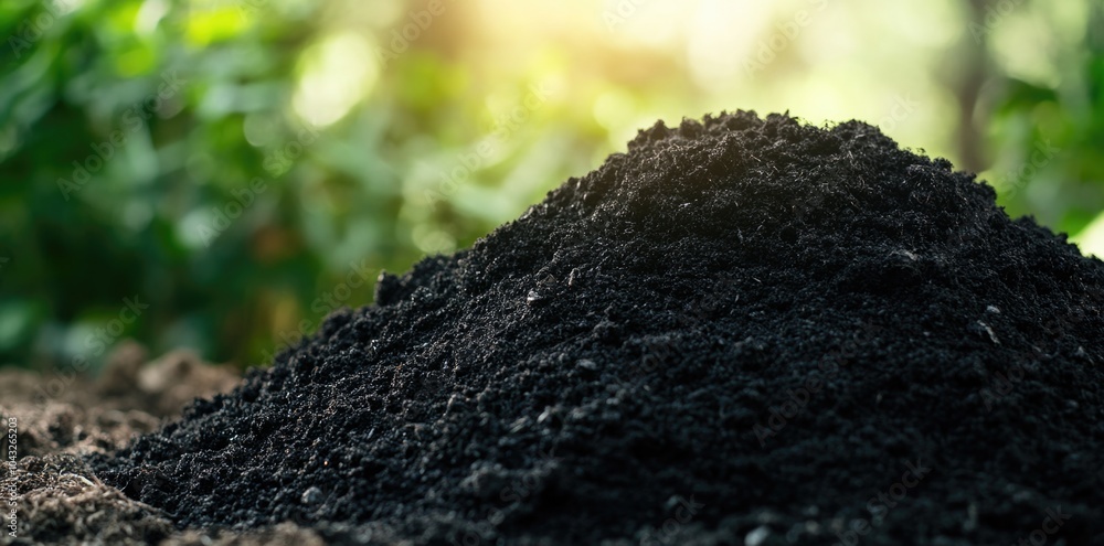 Black organic soil with a forest background. Black organic soil with a forest background.