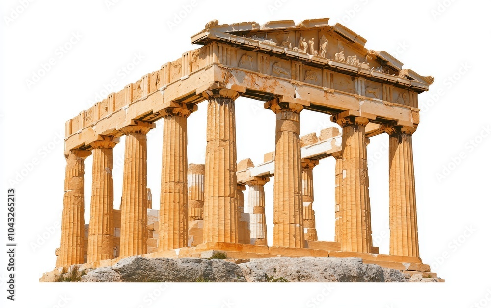 Classical Greek temple with columns standing tall against a plain white background, showcasing the beauty of ancient architecture in a modern style Classical Greek temple with columns standing tall against a plain white background, showcasing the beauty of ancient architecture in a modern style