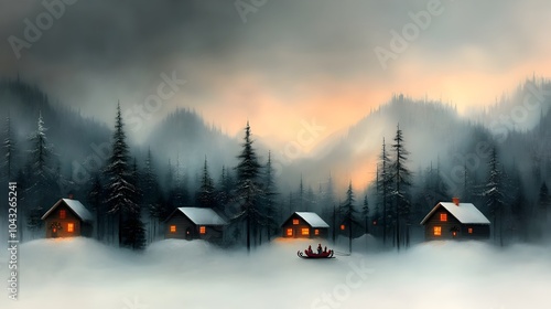 Santa s sleigh soaring over an enchanting snowy village on Christmas Eve with wooden houses featuring snow capped roofs twinkling lights in the windows and towering pine trees blanketed in white photo