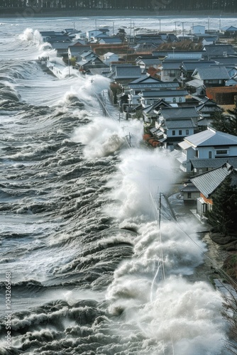 Mighty Tsunami Waves Engulfing Coastal Town. World Tsunami Awareness Day