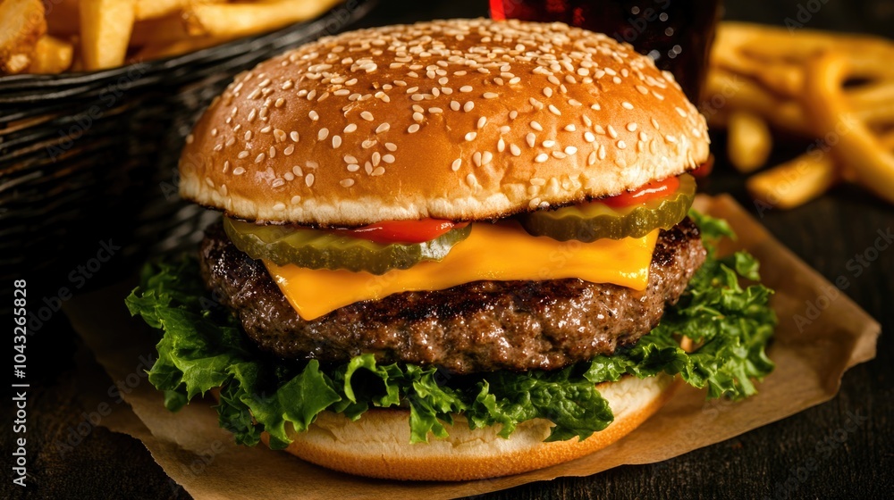 fast food on wooden tabletop. snack on the board: hamburger, french fries and tomato sauce fast food on wooden tabletop. snack on the board: hamburger, french fries and tomato sauce