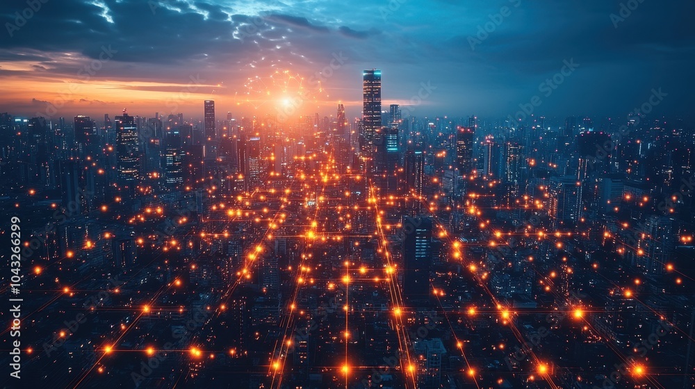 Fototapeta premium Dazzling City Nightscape with Illuminated Skyscrapers.