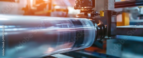 An industrial printing press with rolls using plastic film for packaging materials.