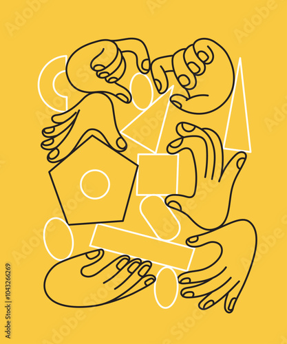 Vector line simple illustrations, hands and gesture in outline style, sticker gesture, print and poster design