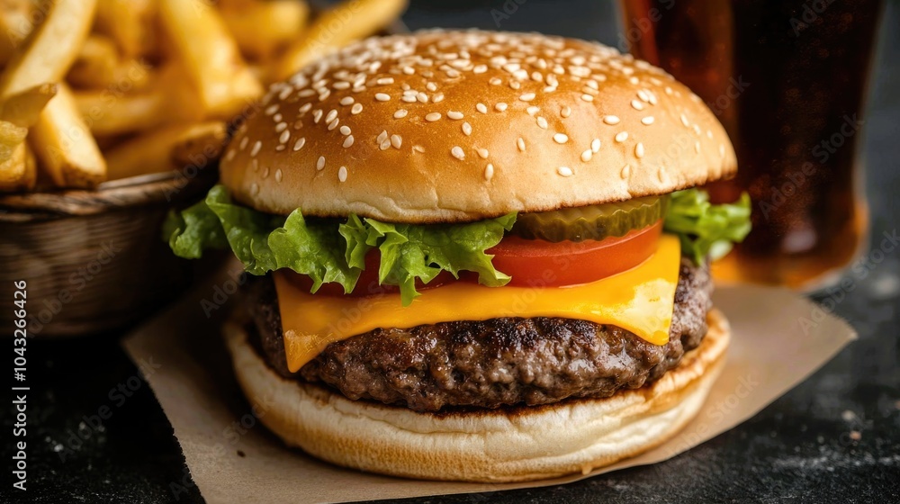 fast food on wooden tabletop. snack on the board: hamburger, french fries and tomato sauce fast food on wooden tabletop. snack on the board: hamburger, french fries and tomato sauce