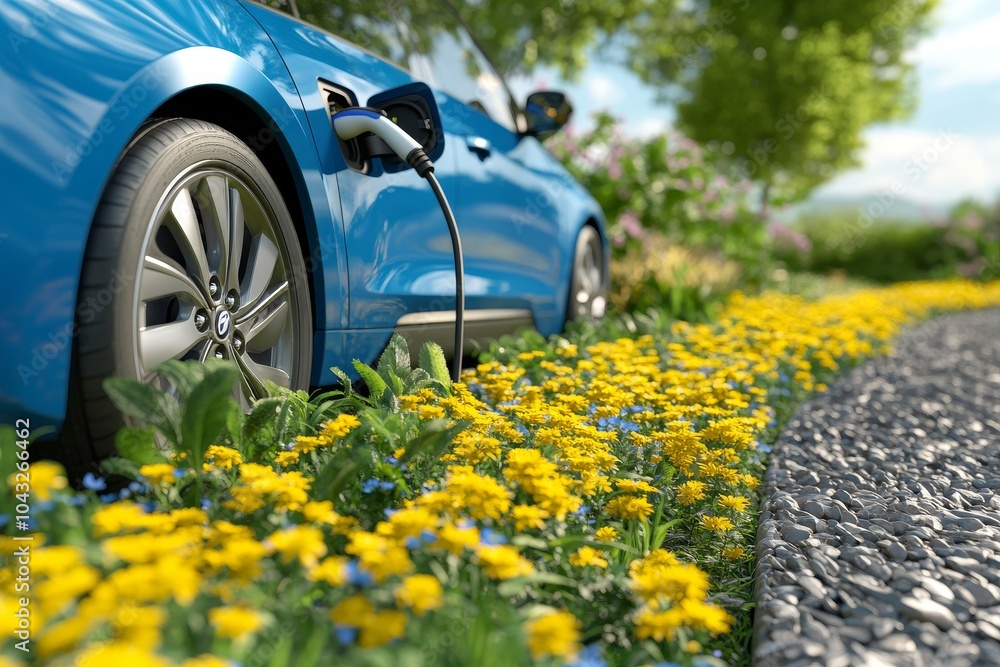 Electric car charging on a sunny day, surrounded by beautiful yellow flowers, symbolizing eco-friendly transportation and sustainability. Electric car charging on a sunny day, surrounded by beautiful yellow flowers, symbolizing eco-friendly transportation and sustainability.