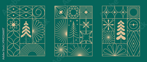 Vector greeting card with stars and sparkles in line style  - merry christmas card with line shapes and forms, banners and backgrounds, happy holidays