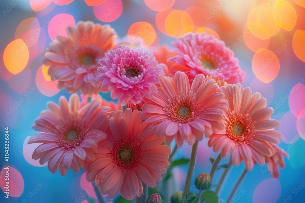 Fototapeta premium Brightly colored flowers in a vase with bokeh lights in the background