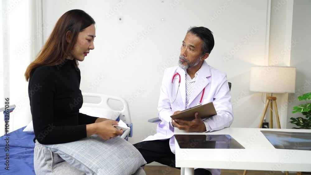 Young woman sitting on a hospital bed, describing her symptoms to a senior male doctor. The interaction highlights the importance of communication and empathy in healthcare settings Young woman sitting on a hospital bed, describing her symptoms to a senior male doctor. The interaction highlights the importance of communication and empathy in healthcare settings