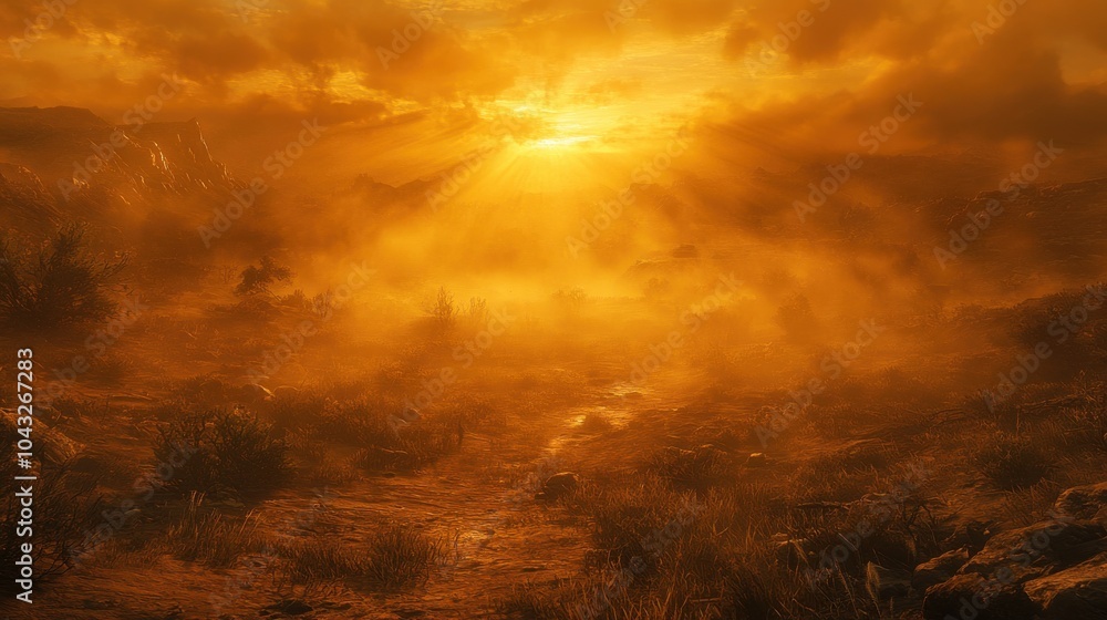Serene sunset landscape with light rays and mist. Serene sunset landscape with light rays and mist.