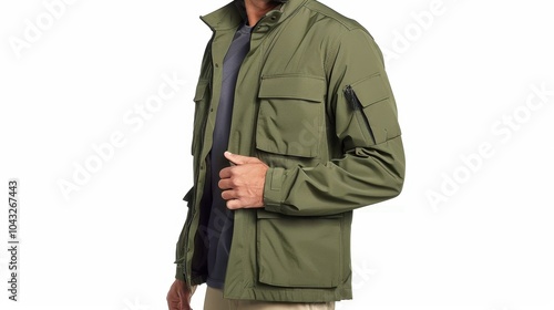 Stylish Man in Green Camouflage Jacket Posing