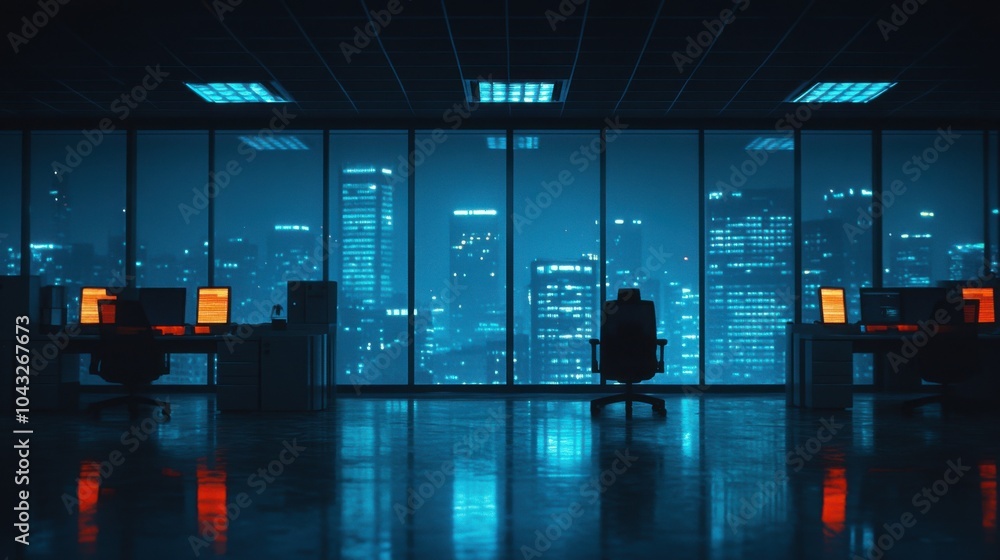 Modern office interior with night city skyline view. Modern office interior with night city skyline view.