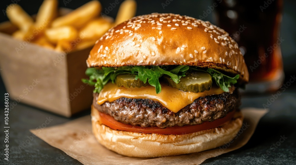 fast food on wooden tabletop. snack on the board: hamburger, french fries and tomato sauce fast food on wooden tabletop. snack on the board: hamburger, french fries and tomato sauce