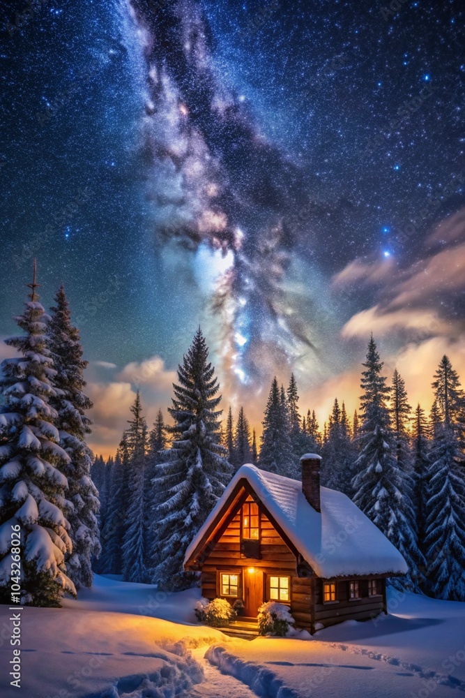 Serene cabin in a snowy forest, illuminated under the bright stars and Milky Way, creating a peaceful wallpaper background. Serene cabin in a snowy forest, illuminated under the bright stars and Milky Way, creating a peaceful wallpaper background.