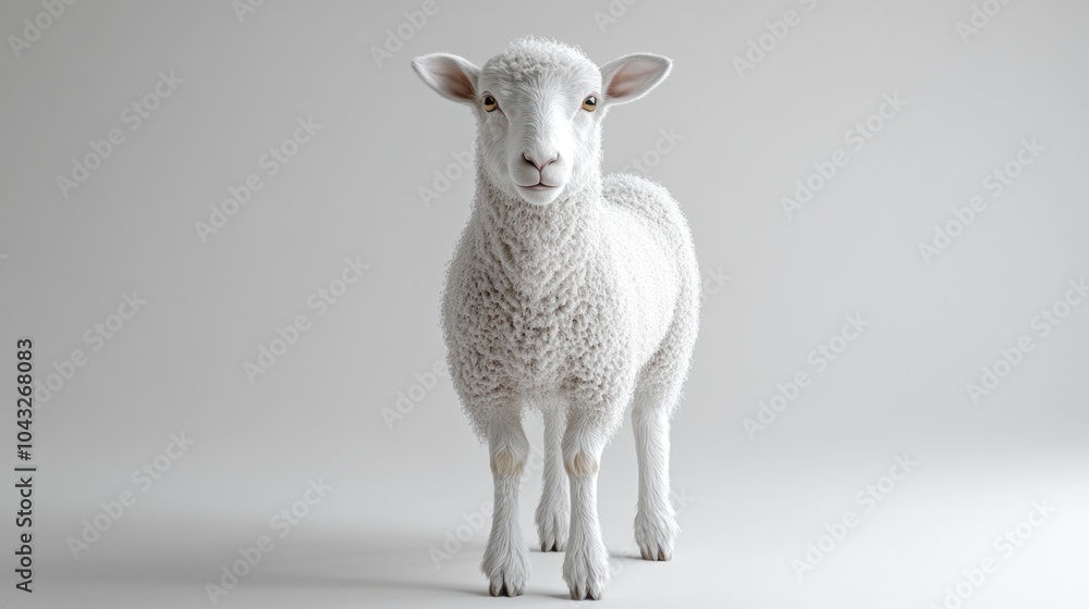 Fototapeta premium A white sheep stands in front of a white background