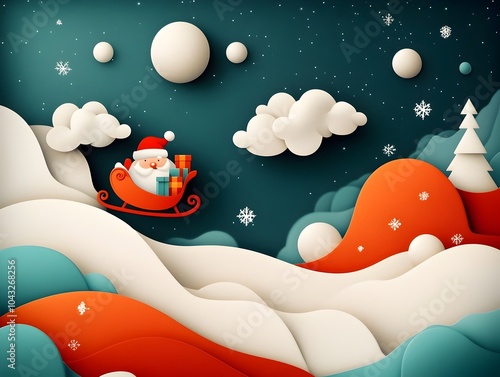 Santa s sleigh gliding effortlessly through the starry night sky a sack of gifts overflowing with joy and anticipation surrounded by a flurry of twinkling snowflakes photo