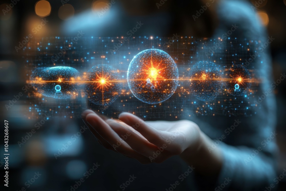 Hand holding hologram of stem cells differentiating into various cell types showcasing the transformation process. Hand holding hologram of stem cells differentiating into various cell types showcasing the transformation process.