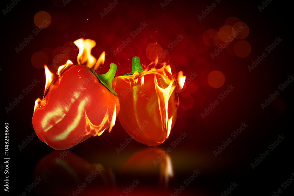 Burning and smoked red bell peppers on dark background. Burning and smoked red bell peppers on dark background.