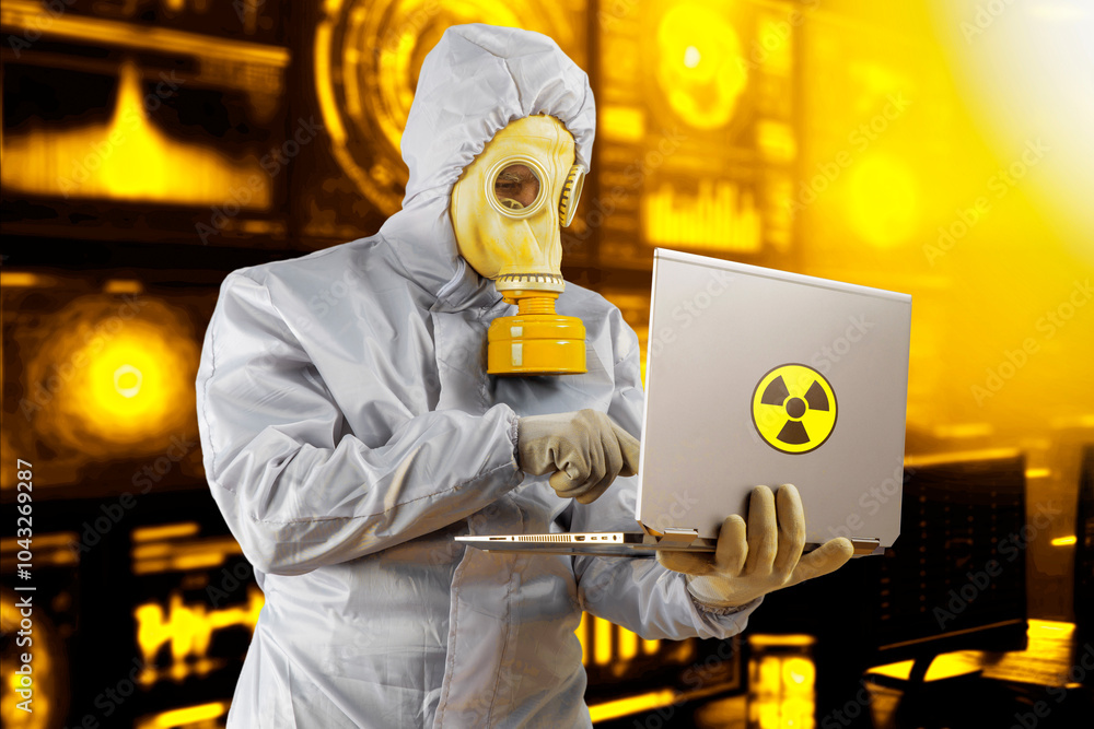 Man in a gas mask and protective suit typing nuclear data on laptop ...