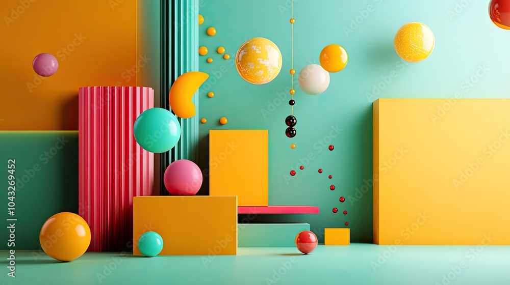 Fototapeta premium A vibrant abstract scene featuring geometric shapes and colorful spheres against a turquoise background, creating a playful and modern visual aesthetic.