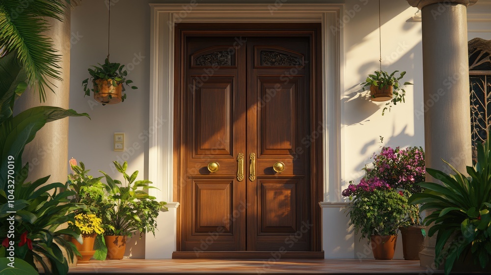 Elegant Entrance with Wooden Door and Beautiful Plants Elegant Entrance with Wooden Door and Beautiful Plants