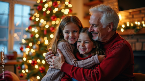 A joyful family moment with a grandfather hugging his grandchildren by a beautifully decorated Christmas tree.
