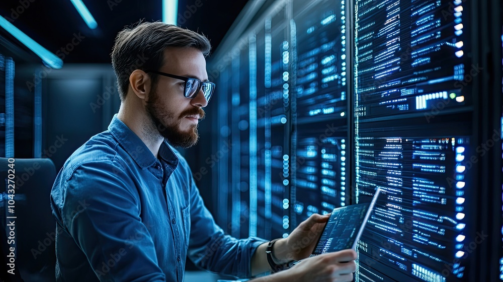 Fototapeta premium A focused professional analyzes data on a digital tablet in a server room illuminated by cool blue lights.