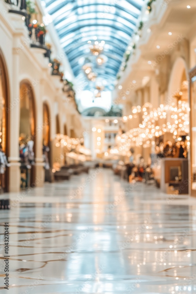 Fototapeta premium Elegant shopping mall interior with ornate lighting, marble floors, and arched architecture, creating a luxurious and inviting atmosphere.