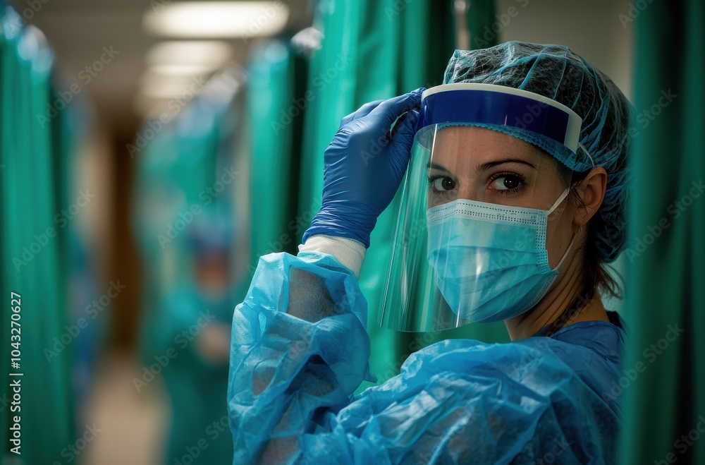 A nurse wearing blue scrubs and protective medical gear, including a mask and face shield, attending to duties in a hospital corridor A nurse wearing blue scrubs and protective medical gear, including a mask and face shield, attending to duties in a hospital corridor