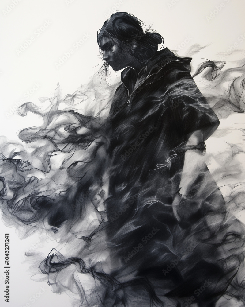 Fototapeta premium woman in a dark hooded cloak stands amidst swirling smoke her form partially obscured by the curling wisps around her