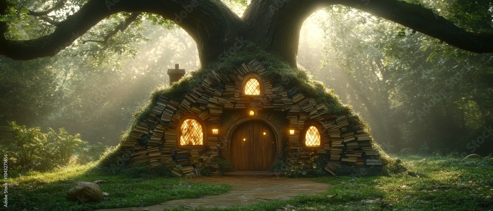 Fototapeta premium Enchanted stone cottage nestled beneath a majestic tree in a sun-dappled forest.