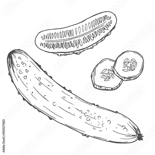 Cucumber hand drawn vector sketch set. Whole cucumber and cucumber slices. Cucumber collection in vector