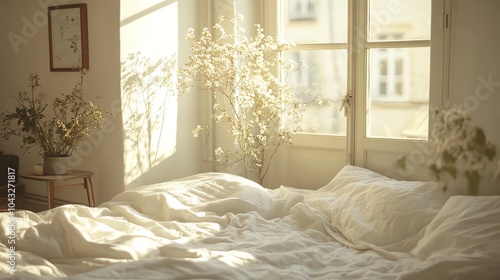 A white bed with white linens and pillows, with sunlight streaming through the window.