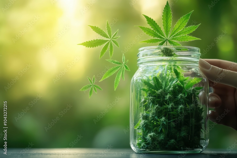 A close-up of hands gently placing cannabis leaves into a glass jar symbolizing the controlled and responsible use of legalized substances A close-up of hands gently placing cannabis leaves into a glass jar symbolizing the controlled and responsible use of legalized substances