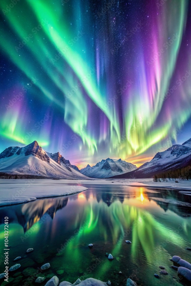 Stunning aurora borealis display over snowy mountain peaks with vibrant colors mirrored in the crystal-clear water below. Stunning aurora borealis display over snowy mountain peaks with vibrant colors mirrored in the crystal-clear water below.