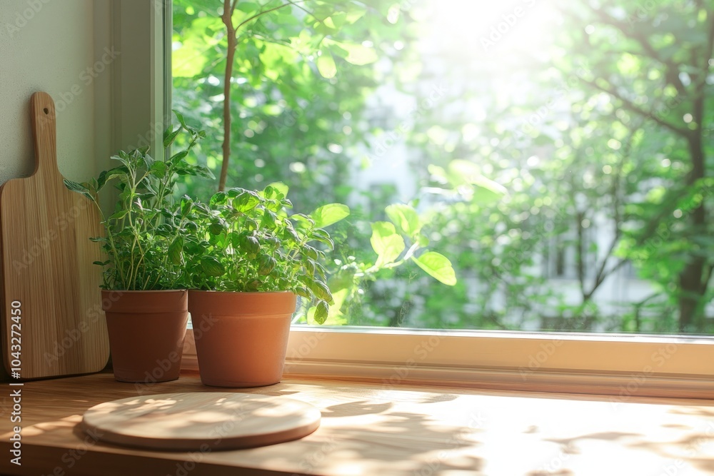 Two potted plants on a windowsill with a cutting board, wooden round board, and bright sunlight streaming in. Two potted plants on a windowsill with a cutting board, wooden round board, and bright sunlight streaming in.