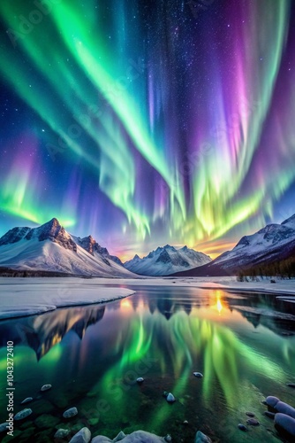 Stunning aurora borealis display over snowy mountain peaks with vibrant colors mirrored in the crystal-clear water below.