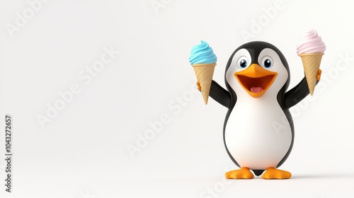 A cheerful cartoon penguin holding two ice cream cones, isolated on a white background. Playful and fun designs.