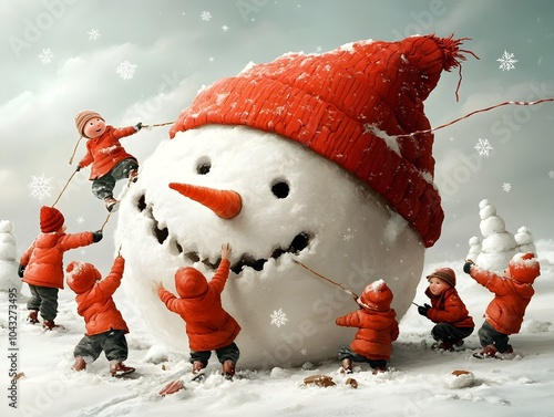 Charming snowman construction rosy cheeked children at play snowflakes drifting in the frosty breeze the idyllic snowy backdrop sparkling with icy details whimsical and nostalgic photo