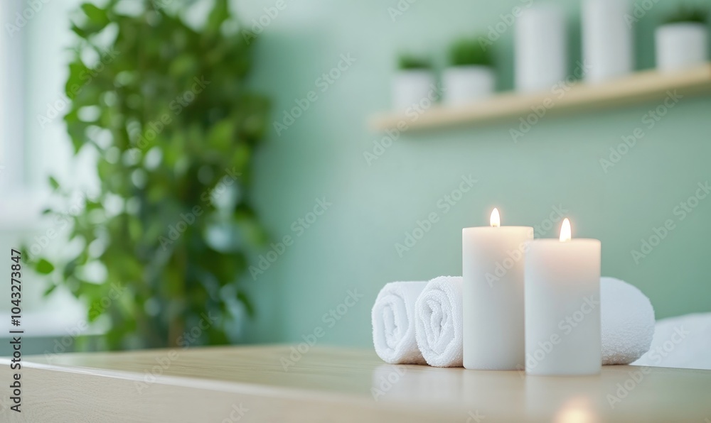 Two lit candles and a rolled towel on a wooden table in a spa room. Two lit candles and a rolled towel on a wooden table in a spa room.