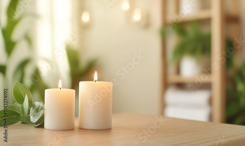 Two burning candles on a wooden table with green plants and towels in the background.