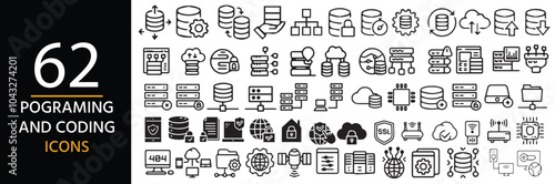 Programme and coding icon vectors set Web hosting, server, CDN, VPN, domain, FTP, internet, backup, SSL, database and firewall.
