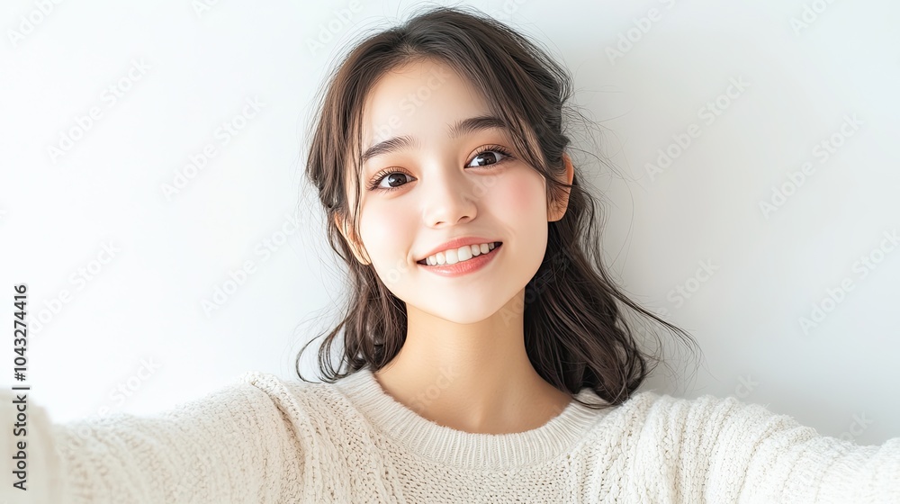 A smiling young woman takes a selfie against a light background, radiating joy and warmth with her casual attire. A smiling young woman takes a selfie against a light background, radiating joy and warmth with her casual attire.