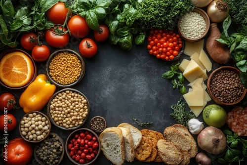 Colorful assortment of fresh vegetables and grains arranged on a dark surface, perfect for cooking