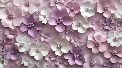 A seamless pattern of pink, purple, and white paper flowers on a pink background.