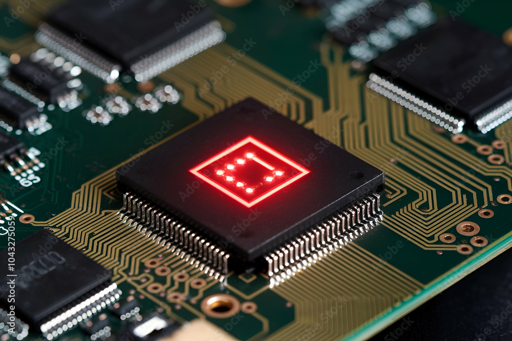 A close-up of a circuit board featuring a prominent red LED-lit chip, showcasing intricate electronic components and connections. A close-up of a circuit board featuring a prominent red LED-lit chip, showcasing intricate electronic components and connections.